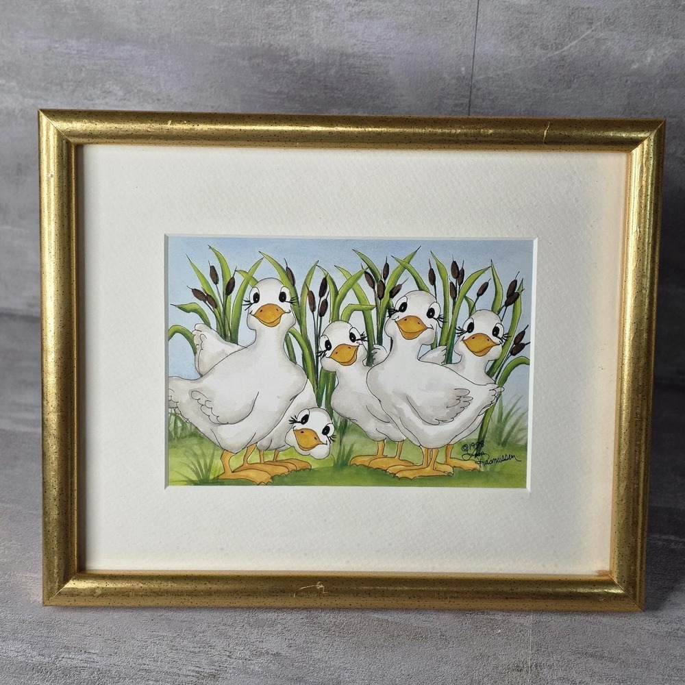 VTG 1998 Lisa Rasmussen Framed Artwork Five Whimsical White Ducks Cottagecore
